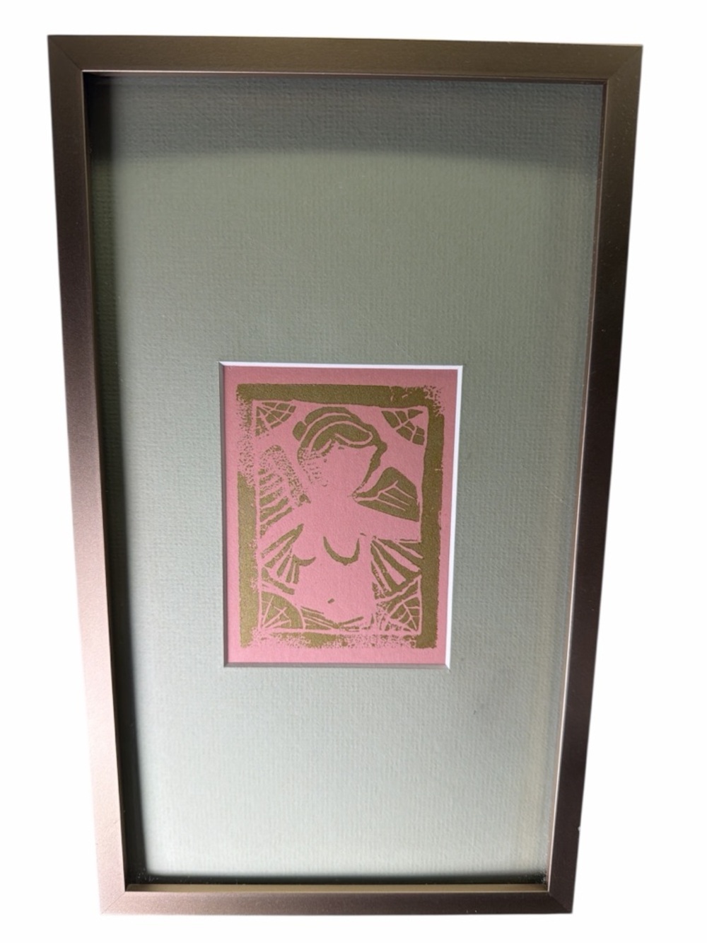 Art Deco Style Female Portrait‎ Print Framed Pink Gold 7.5x12.5